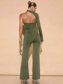 SHEIN BAE Elegant Women Asymmetric Collar Oblique Shoulder & Extra Long Flared Jumpsuit, Suitable For Daily Dates, Outings, Nightclub Party And More, Autumn - Army Green - View 2