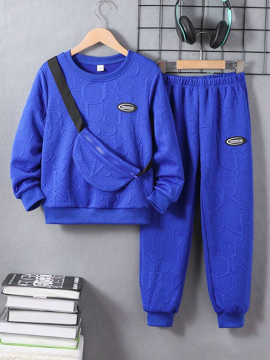 SHEIN Explorewe Tween Boy 3pcs Set: Letter Textured Hoodie, Sweatpants, Backpack - Blue - View 1