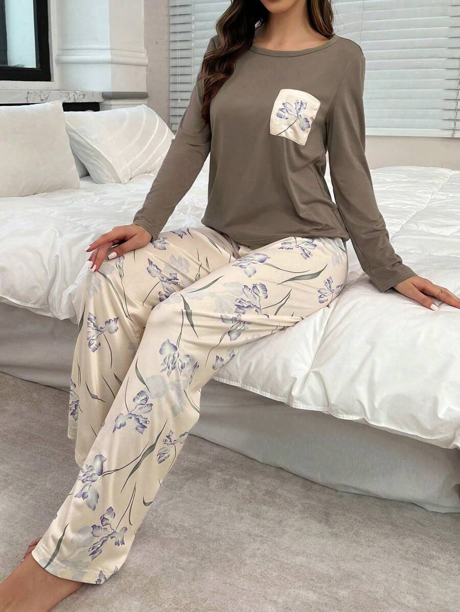 Conjunto de pijama de manga larga con estampado floral, ropa de otoño e invierno - Marrón - Ver 1