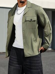 Manfinity Homme Plus Size Men Military Green Lapel Collar Thin Casual Going Out Shacket, For Friends, Husband, Boyfriend Gifts, Fall