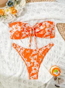 Women's Summer Vacation Style Random Print Bandeau Bikini Set - Multicolor - View 2