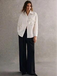 Poéselle 女士立体钻花朵落肩长袖单排扣上衣白色长袖衬衫立体花衬衫精致优雅商务休闲女士秋季款衬衫 - 白色 - 查看 5