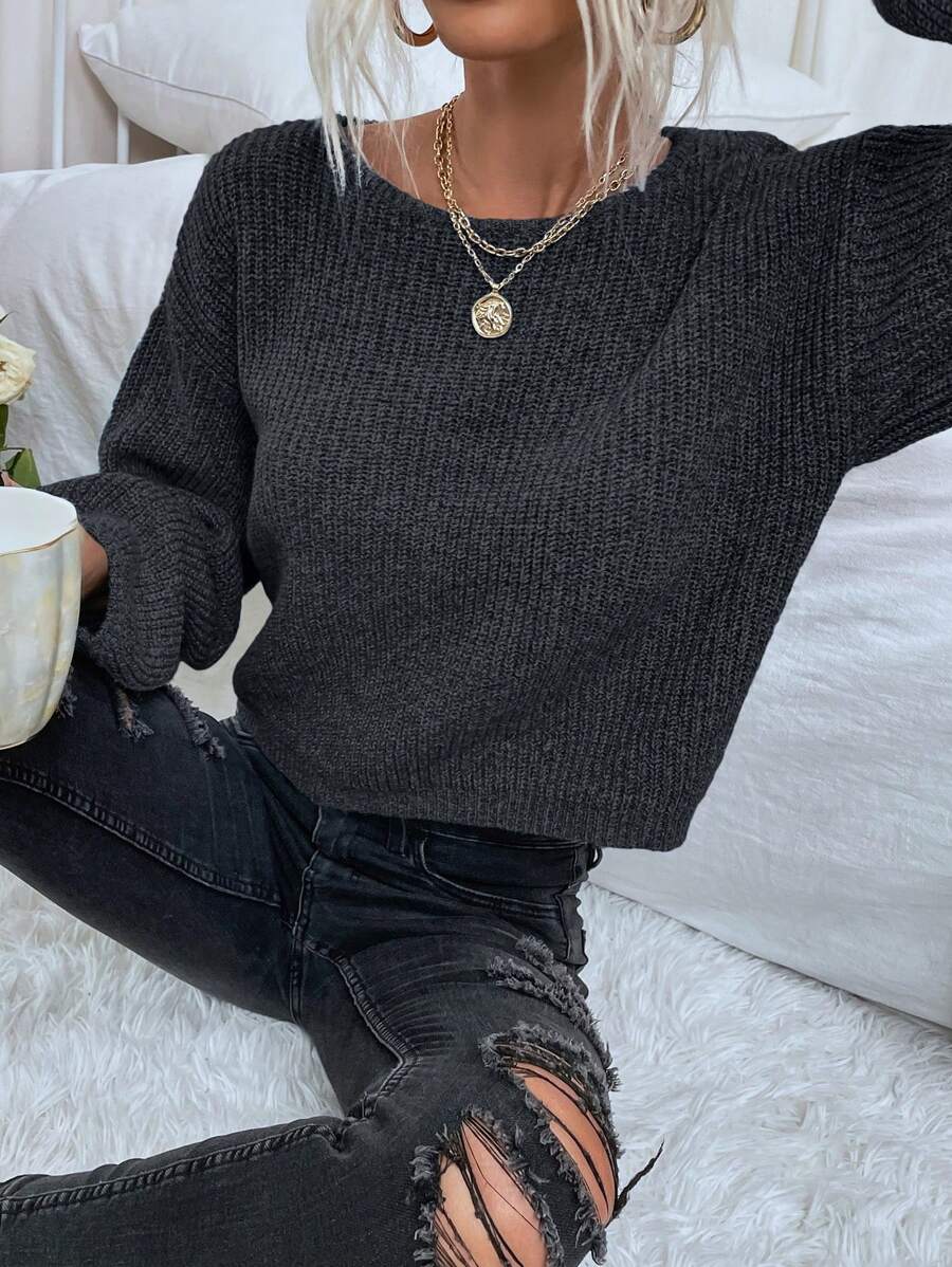 EMERY ROSE Women Casual Solid Color Dropped Shoulder Loose Ribbed Knit Pullover Sweater Gray Sweatergrey Jumper - Dark Grey - View 1