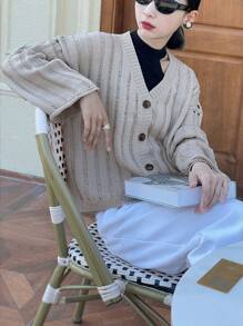 INAWLY Women Casual Drop Shoulder Loose Cardigan, Solid Color, Autumn/Winter - Apricot - View 1