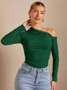 SHEIN BAE 1pc Asymmetric Ruched Sheer Fitted Solid Color Blouse