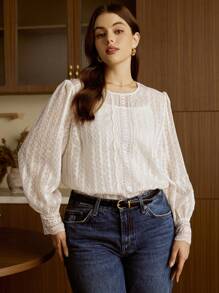 Elaquor 加上纯色秋季灯笼袖衬衫，不含吊带背心、蕾丝、长袖、约会之夜 - 杏色 - 查看 2