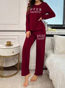 Lazeform 字母印花长袖上衣和长裤睡衣套装，秋冬舒适优雅细节 - 紅色 - 查看 4
