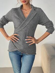 SHEIN Clasi 1 件女式纯色圆领长袖法式扭纹针织毛衣，高端，秋冬