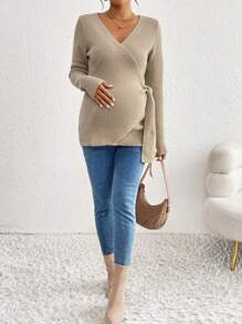 SHEIN Jersey de manga larga con cierre envolvente y nudo a la cintura, de unicolor y estilo informal para mujeres embarazadas, para otoño/invierno, de maternidad