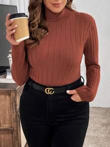 SHEIN Clasi Plus Size Women's Elegant Casual Work Everyday Basic Versatile Ribbed High Neck Slim Fitting Base Layer Pullover Top Basic Sweaterbusiness Casual Woman,Work Wear,Fall Wedding Guest Dress,