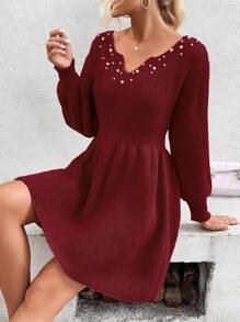 SHEIN Clasi 纯色罗纹 V 领长袖毛衣连衣裙 - 酒紅色 - 查看 3