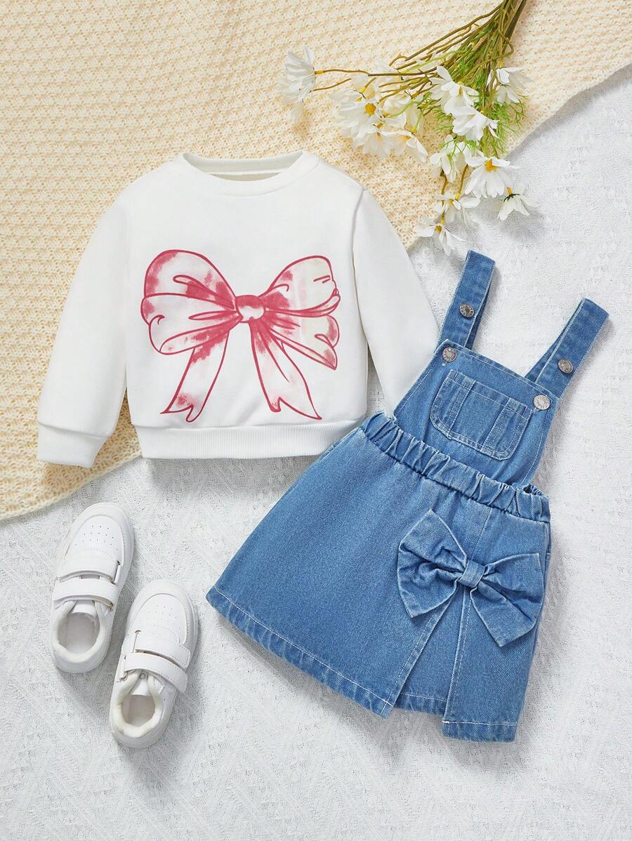 Toddler Girls Denim Skirt & Soft Cotton Sweatshirt Outfit, Casual Comfortable Spring/Autumn - Medium Wash - View 1