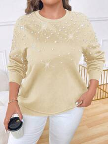 Calvaya Áo nỉ dáng rộng, thanh lịch, cổ tròn, đính cườm thủ công, cỡ lớn, thích hợp cho mùa thu. - Màu be - Xem 3