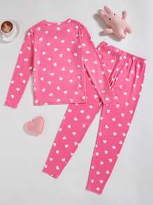 SHEIN Tween Girls Cute Minimalist Letter&Heart Pattern Crew Neck Raglan Long Sleeve Top And Legging Soft&Comfort Loungewear 2pcs Set - Pink - View 2