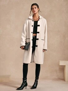 Chiquease Women's Color Block Trim Front Button Long Sleeve Mid-Length Warm Fleece Coat, Autumn/Winter - Apricot - View 1