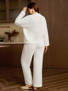 Elaquor Plus Size Sweater Set With Lapel Single-Breasted Solid Color Loose Top And Pants, For Winter - White - View 2