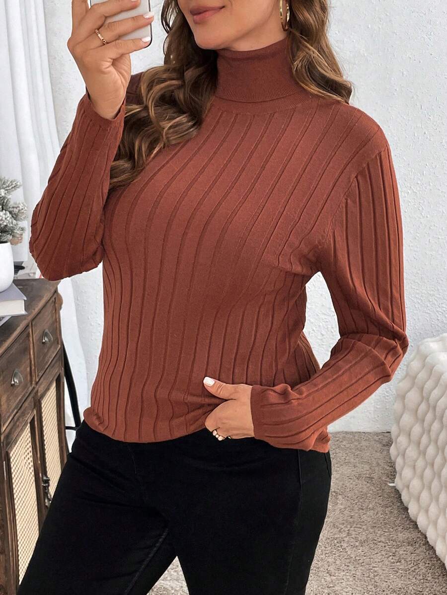 SHEIN Clasi Plus Size Women's Elegant Casual Work Everyday Basic Versatile Ribbed High Neck Slim Fitting Base Layer Pullover Top Basic Sweaterbusiness Casual Woman,Work Wear,Fall Wedding Guest Dress,