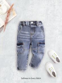 Cozy Pixies Baby Girl Solid Color Side Pocket Denim Cargo Jeans - Medium Wash - View 1