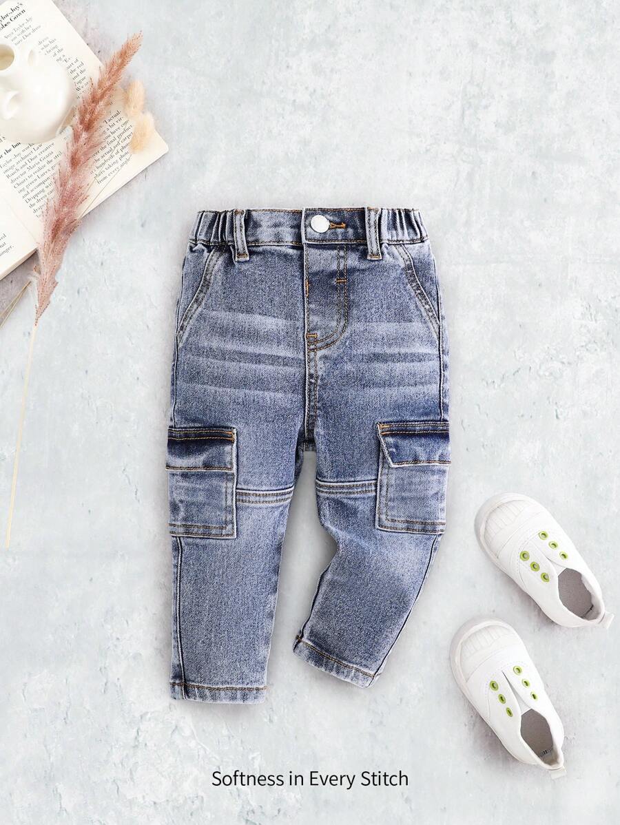 Cozy Pixies Baby Girl Solid Color Side Pocket Denim Cargo Jeans - Medium Wash - View 1