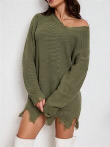 SHEIN LUNE Váy len dệt kim dài tay đơn giản, rách cổ chữ V cho nữ - màu xanh lá - Xem 5
