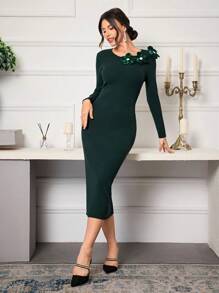Modelyn Váy len bó họa tiết hoa 3D thanh lịch mùa thu/đông - màu xanh lá - Xem 6