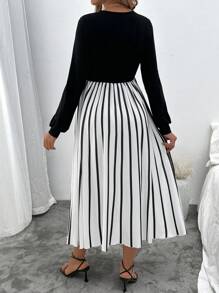 SHEIN Váy chắp vá sọc màu đơn giản cho bà bầu mùa thu - Đen và trắng - Xem 2