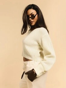 Athîral Barnfit Style-Women Casual Contrast Color Crew Neck Drop Shoulder Cropped Sweater, Autumn/Winter