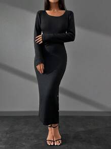 EURMUSE 女士纯色圆领长袖侧扣设计长款修身优雅连衣裙