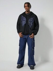 ROMWE MEN Street Life Men's Cargo Casual Multi-Wear Washed Wide-Leg Cargo Denim Jeans With Flap Pockets - Blue - View 3