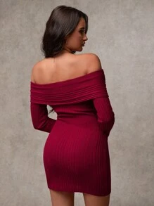 SHEIN BAE 1 件女士露肩纯色修身休闲连衣裙，时尚日常穿着圣诞连衣裙圣诞服装女士毛衣连衣裙感恩节服装女士冬季服装女士圣诞红色连衣裙女士秋季连衣裙节日派对连衣裙冬季连衣裙 - 酒紅色 - 查看 3