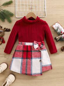 SHEIN Leap Crew 2pcs/Set Baby Girl Solid Color Knitted Turtleneck Top & Red & White Plaid Mini Skirt, Autumn/Winter