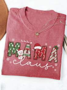 INAWLY Comfort Colors® 圣诞妈妈衬衫、圣诞妈妈衬衫、圣诞老人妈妈衬衫、家庭圣诞衬衫、节日妈妈衬衫、家庭圣诞妈妈图案 T 恤女式上衣 - 紅木色 - 查看 1