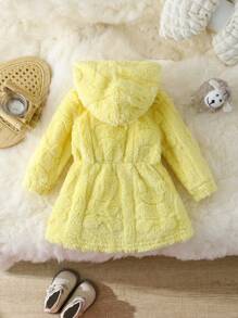 SHEIN 女宝宝休闲可爱趣味保暖毛绒连帽连衣裙，适合秋冬季外出休闲保暖 - 黃色 - 查看 2