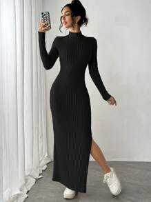 Siren Gaze 女士长款侧开衩高领长袖连衣裙，米色女士连衣裙罗纹连衣裙长款连衣裙冬季长款毛衣连衣裙长款紧身连衣裙开衩连衣裙 - 黑色 - 查看 3