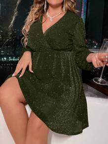 Allurite Plus Size V-Neck Crisscross Wrap Elegant Long Sleeve Dress