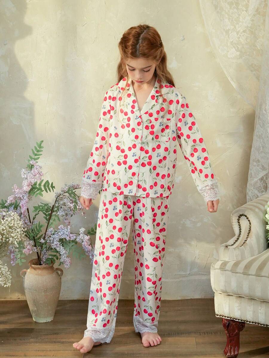 SHEIN 2pcs Tween Girls Elegant Lace Woven Print Long Sleeve Top And Long Pants Comfy Loungewear Set