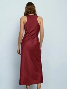 Maija Women Autumn Solid Color Ruched Neck Pleated Elegant Sleeveless Dress,Summer Dresses For Women, Country Concert Outfit,European Summer, Christmas Women's Clothing,Party Dress - Burgundy - View 7