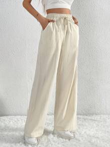 SHEIN Tall Drawstring Waist Slant Pocket Pants - Beige - View 3