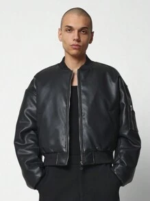 SUMWON Premium Faux Leather Bomber Jacket Cropped Fit High End Design Urban Streetwear Outerwear Fall Winter Zip Up Classic Modern Fashion Essential