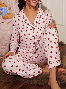 1 套女式自然世界心形印花翻领长袖纽扣上衣和裤子睡衣套装 - 彩色 - 查看 5