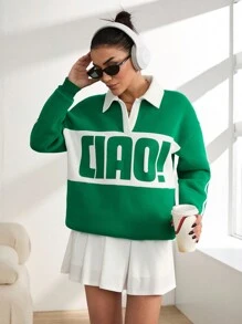 RueChic Varsity Color Block Slogan Printed Fleece Knitting Women's Sweatshirt - Multicolor - View 4