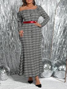 SHEIN Clasi Vestido largo y elegante de punto gris de hombros descubiertos, manga larga y con lazo en la cintura, apto para otoño/invierno, Acción de Gracias, Navidad, Halloween, Año Nuevo, para mujer de talla grande