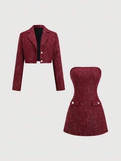 Sweetra 2 piezas Traje rojo retro de mujer, conjunto de chaqueta y falda de alta calidad con sensación vintage, conjunto de ropa Y2K para fiesta de Navidad y Año Nuevo