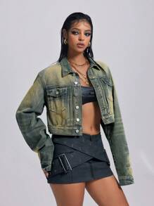 SHEIN ICON Áo khoác denim ngắn cổ điển cho nữ dây rộng - Rửa trung bình - Xem 4
