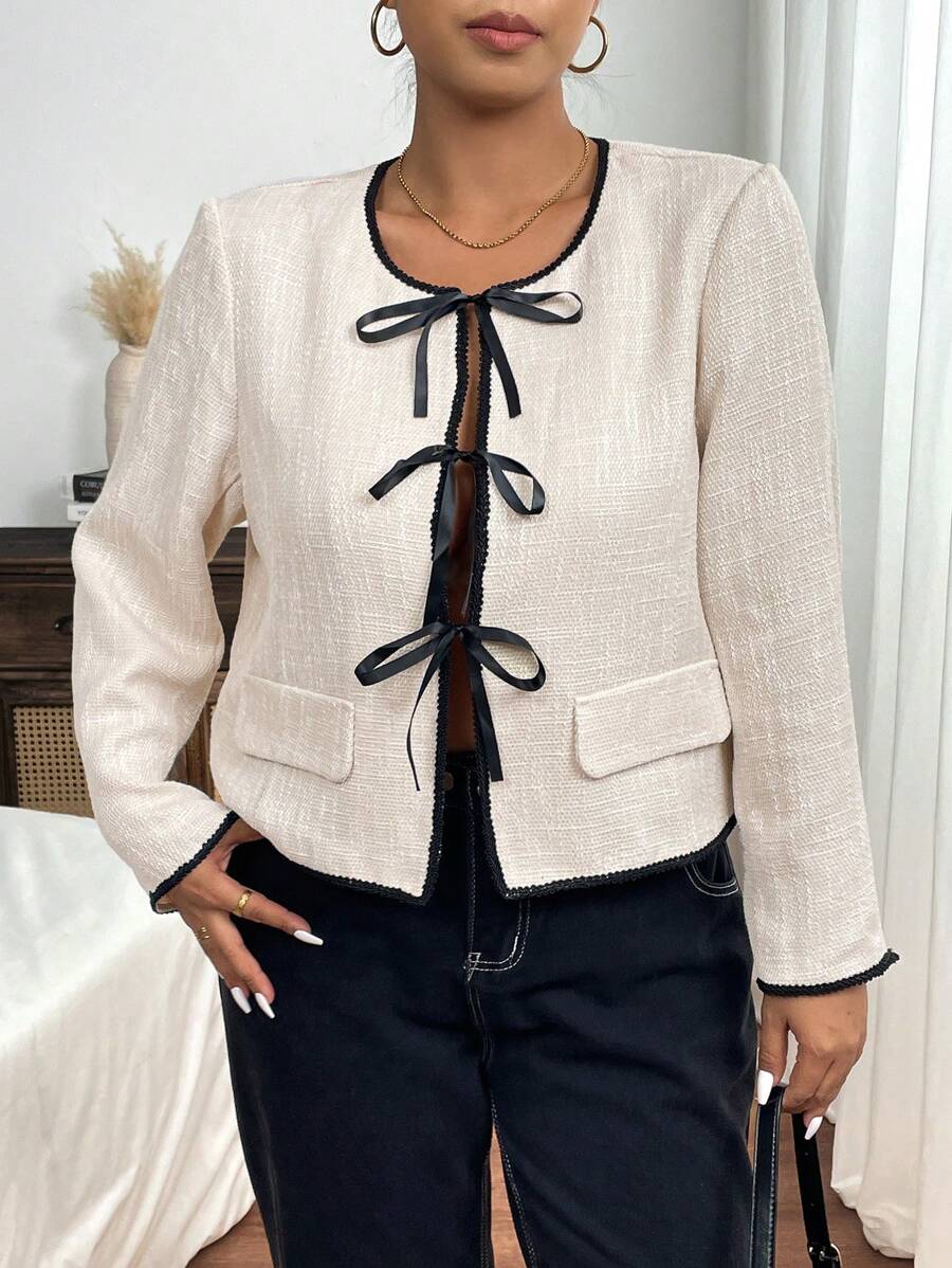 SHEIN Frenchy Plus Size Women's Front Tie Long Sleeve Elegant Short Jacket, Autumn