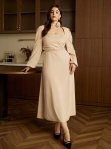 Elaquor 大码女式修腰长袖连衣裙 - 杏色 - 查看 5