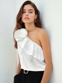 SHEIN Privé Blusa asimétrica de hombros con borde de hoja blanca, elegante para vacaciones y trayectos - Blanco - Ver 8