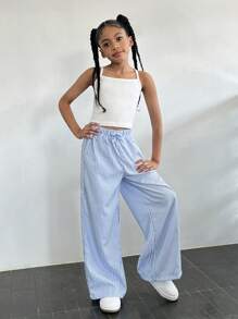 SHEIN WESTFADE Young Ensemble trois pièces pour fille préadolescente : chemise à manches longues rayée, pantalon et caraco, style urbain et à la mode, idéal pour le printemps et l'automne.