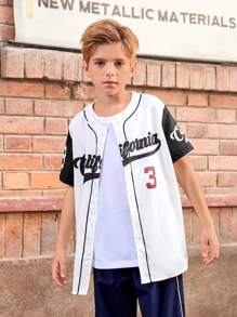 SHEIN Tween Boy Letter Graphic Contrast Sleeve Shirt Without Tee - White - View 4