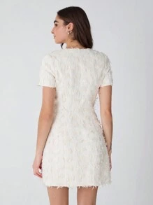 Enchnt Spring/Summer Romantic  Women's Apricot Exquisite Flower Pearl Button Decor Pocket Short Sleeve Fancy Yarn Tweed Mini Dress,Sweet&Elegant Outfit For Sweet Date Night &Wedding Guest Dress Women &Holiday & Graduation Dress&Daily Commuting&Vacation&Garden Parties & Concert Outfit Women